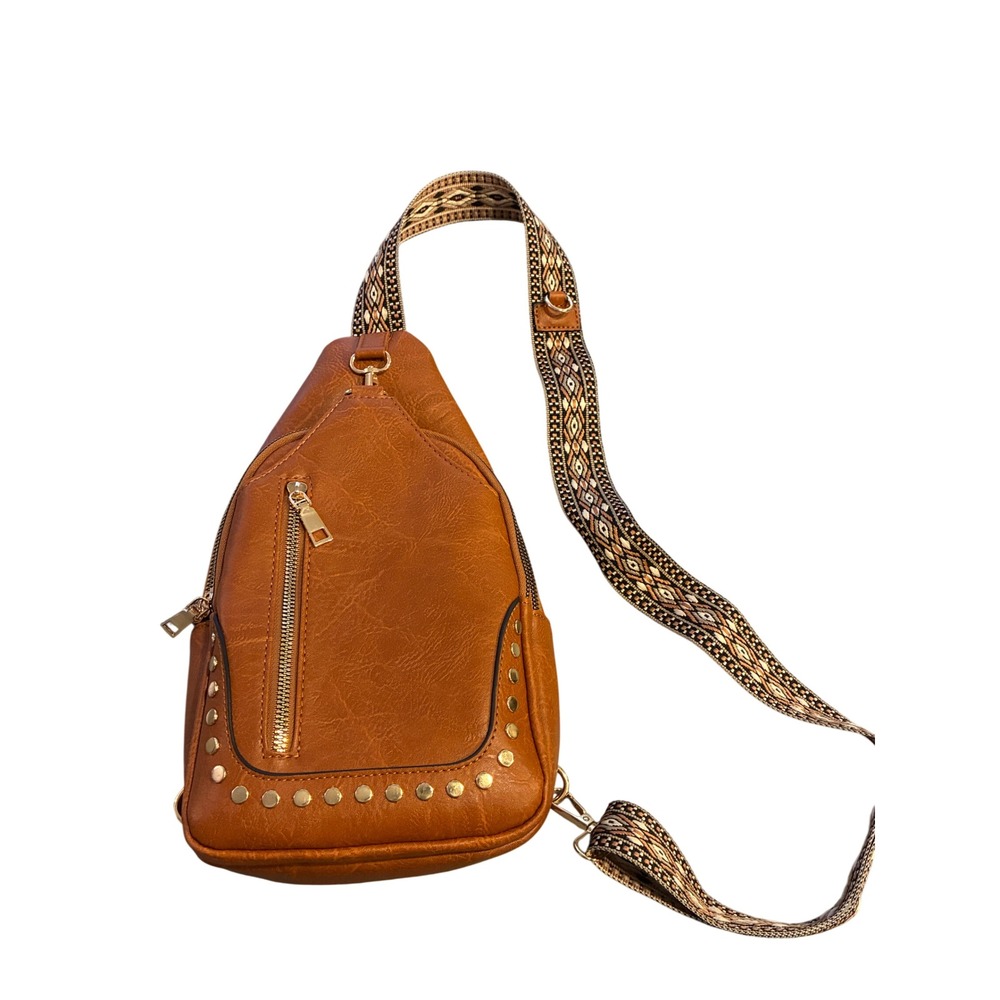 Cognac Faux Leather Sling Bag Studded Crossbody with Woven Guitar Strap